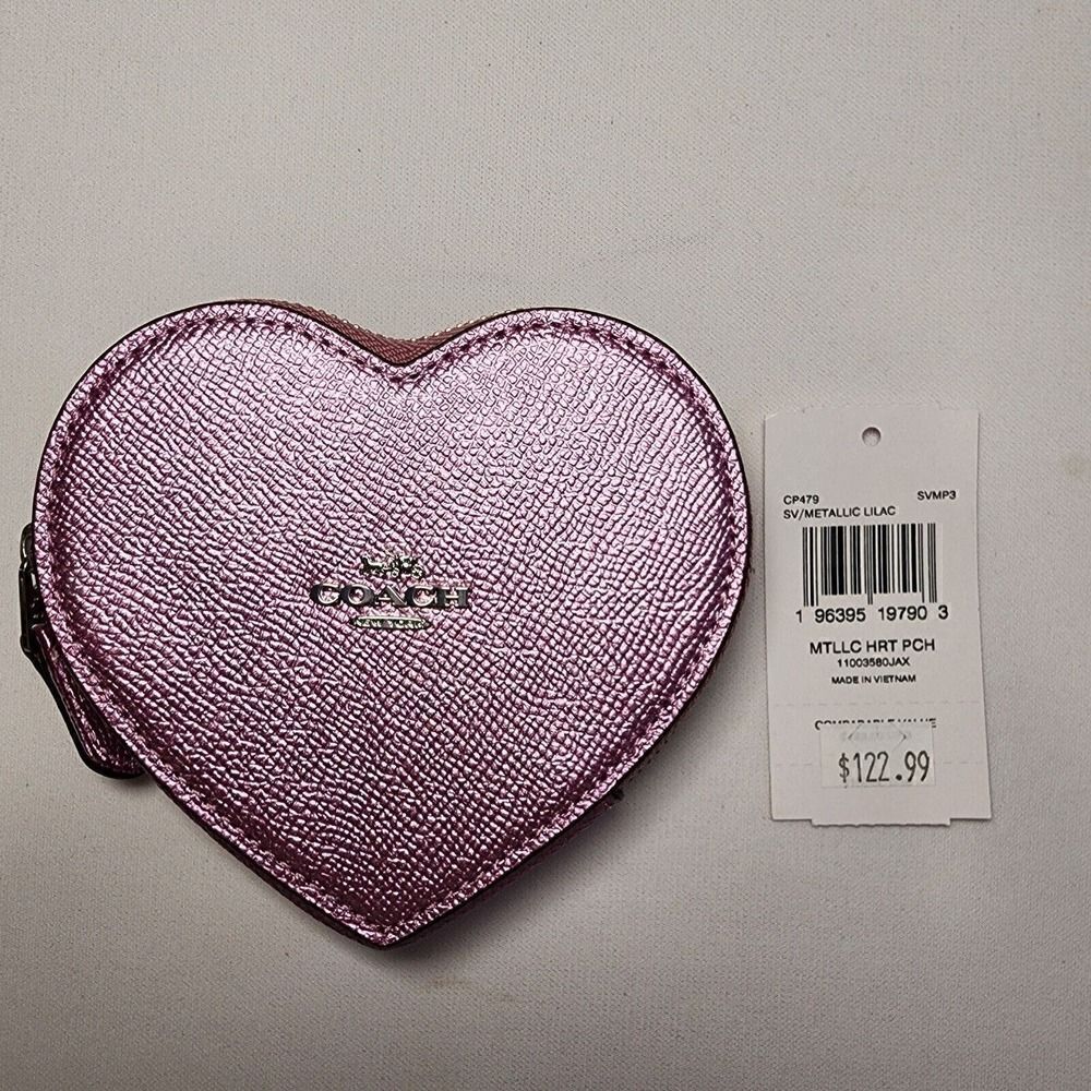 NWT Coach CP479 Metallic Lilac Leather Heart Coin Purse Pouch